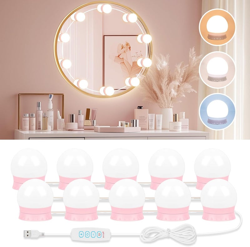 Bairth LED Vanity Lights For Mirror, Pink Vanity Light Stick on with 10 Dimmable Bulbs, 3000K 4000K 6500K & 10 Level Brightness Adjustable USB Cable Hollywood Mirror Lights for Makeup Dressing Room Bathroom - Image 1